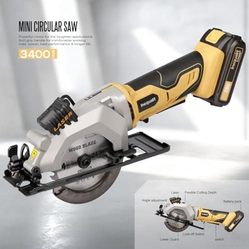 4-1/2 Inch Mini Circular Saw, 3400 RPM Cordless Circular Saw with Laser Guide, Rip Guides, 2 Blades (24T Wood + 60T Metal), Max Cutting Depth 1-11/16" (90°), 1-1/8" (45°)"