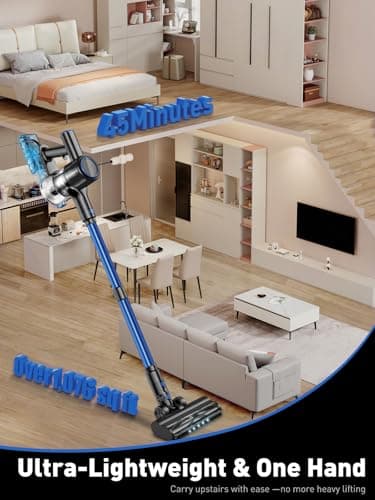 Cordless Vacuum Cleaner, 8-in-1 Vacuum Cleaners for Home, 45Mins Runtime, Anti-Tangle Stick Vacuum with LED Display, Rechargeable Lightweight Vacuum for Pet Hair/Carpet/Floor