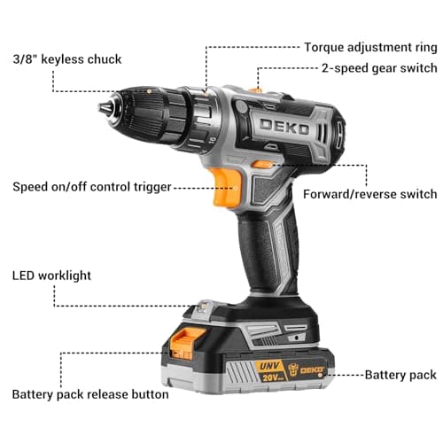 Power Drill Cordless: DEKO PRO Cordless Drill 20V Electric Power Drills Set Tool Drills Cord-less Set with Battery and Charger