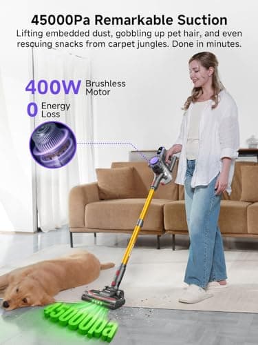 MONSGA Cordless Vacuum Cleaner, 45KPa 400W Stick Vacuum for Home, 50Mins Anti-Tangled Vacuum Cleaner with Charging Dock, Light-Weighted Handheld Vacuum for Pet Hair/Carpet/Floor, LED Display, MV3