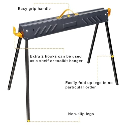FORUP 2 Pack Heavy Duty Folding Portable Saw Horses Table, 1322 Lbs Load Capacity Metal Saw Horse with Fast Open Legs and Easy Grip Handle for Woodworking, Dark Grey & Yellow