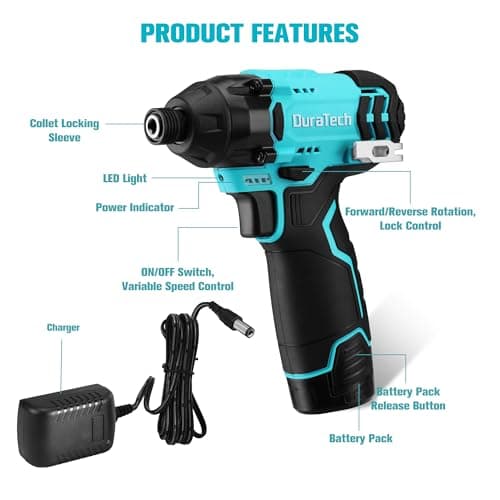 DURATECH 12V Cordless Impact Driver, 1/4” Electric Impact Driver with 11pcs Screwdriver Bits, 3pcs Nut-driver Bits, Variable Speed(0-2400RPM), LED Light, Tool Bag, Battery and Charger Included
