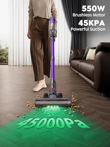 Cordless Vacuum Cleaner, 550W 45KPA 60 Mins Runtime Vacuum Cleaners for Home, Stick Vacuum with Self-Standing, Wall Mount Charging and Intelligent Auto Mode, Handheld Vacuum for Pet Hair/Carpet/Floor