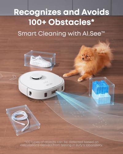 eufy X10 Pro Omni Robot Vacuum and Mop Combo, 8,000 Pa Suction, Dual Mops with 12 mm Auto-Lift and Carpet Detection, AI Obstacle Avoidance, Auto Mop Washing, Auto Drying, Self-Emptying, White