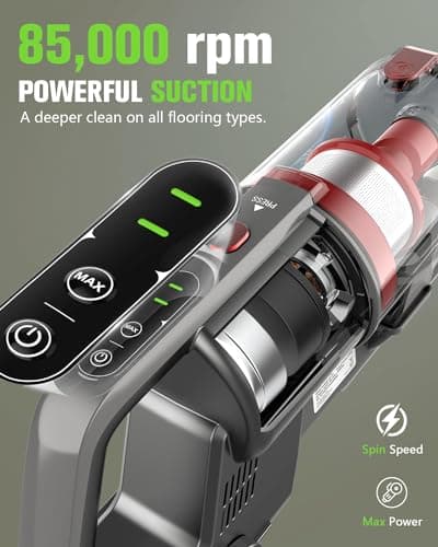 Cordless Vacuum Cleaner, 85,000PRM Upgraded Dual Suction Cordless Stick Vacuum up to 35mins Runtime, Lightweight Rechargeable Vacuum for Home (Bright Red)