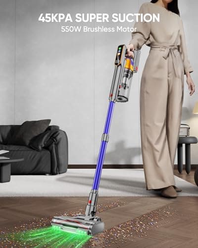 Cordless Vacuum Cleaner, 550W 45KPA 60 Mins Vacuum Cleaners for Home, Stick Vacuum with 1.8L Large Dust Cup, Wall Mount Charging, Anti-Tangle Wireless, Green Light for Pet Hair, Carpets, Hardwood
