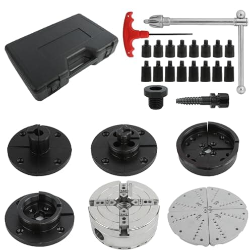 4 Inch Wood Lathe Chuck Set with 5 Jaws,1" x 8 tpi thread - High-Grade 45 Steel, Nickel Plated Self Centering 4 Jaw Wood Turning Chuck set