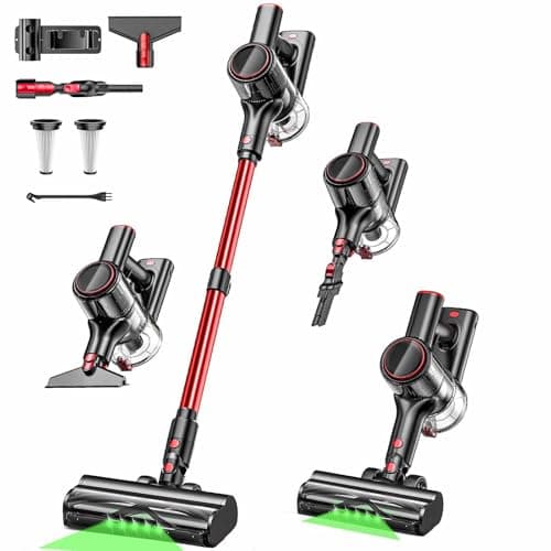 Cordless Vacuum Cleaner, 8-in-1 Vacuum Cleaners for Home, 45Mins Runtime, Anti-Tangle Stick Vacuum with LED Display, Rechargeable Lightweight Vacuum for Pet Hair/Carpet/Floor (Red)