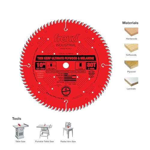 Freud Thin Kerf Ultimate Plywood & Melamine Saw Blade with Premium Tico Hi-Density Carbide Crosscutting Blend - 7-1/4" Diameter, 60 Teeth, Hi-ATB Grind - LU79R007