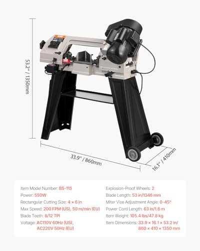 VEVOR Metal Horizontal Band Saw, 4 x 6 in Rectangular Cutting Capacity, 110V, 550W, 0-45 Angle Adjustment, Variable Speed, for Metal, Wood, and Plastic
