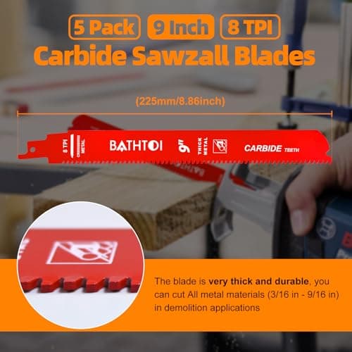 5 Pack 9 Inch 8 Tpi Carbide Reciprocating Saw Blades for Thick Metal Cutting, Cast Iron and Alloy Steel Cutting Sawzall Blades with Carbide Tipped Teeth for Longer Life and Faster Cutting Speed