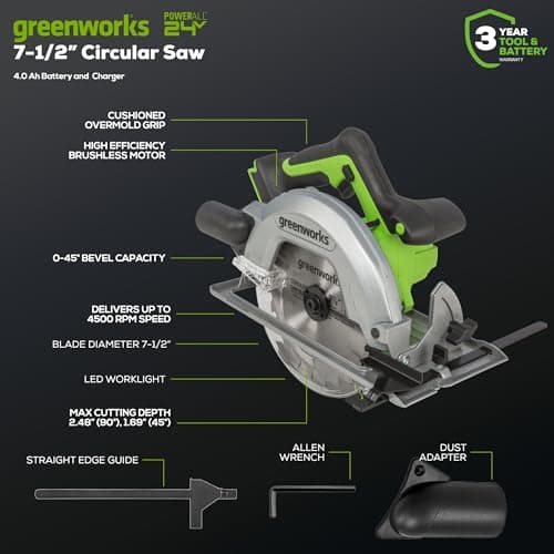Greenworks 24V 7-1/4'' Circular Saw Brushless Cordless, with 4Ah Battery and 2A Charger