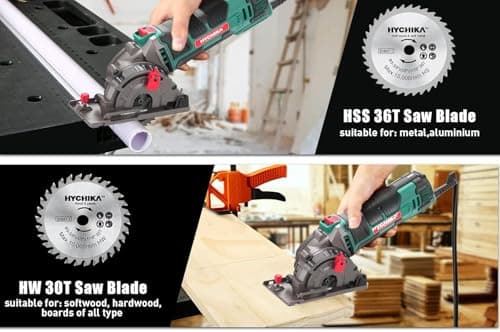 HYCHIKA Mini Circular Saw, Compact with 3 Blades 4A Pure Copper Motor, Scale Ruler, 3-3/8”4500RPM Ideal for Wood, Soft Metal and Plastic Cuts