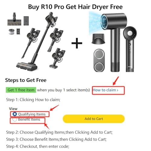 DREAME R10 Pro Cordless Vacuum Cleaner for Home, 6-in-1 Cordless Stick Vacuum Rechargeable, 65Mins Runtime, Powerful Suction, Wireless Vacuum Cleaner for Hardwood Floor, Carpet, Tile, Pet Hair, Black