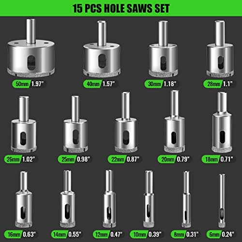 Diamond Hole Saw Kit 17PCS Tile Drill Bits Sets with Double Suction Cups Hole Saw Guide Jig Fixture from 6 mm-50 mm Hollow Drill Hole Saw Set for Ceramic, Glass, Tile, Porcelain, Marble, Granite