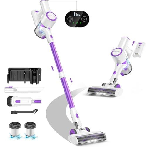 FABULETTA Cordless Vacuum Cleaner for Home, 500W Lightweight Vacuum Cleaner with MAX 50 Min Detachable Battery, Brushless Motor, 6 in 1 Stick Vacuum for Hardwood Floors and Carpet Pet Hair Car（Purple）