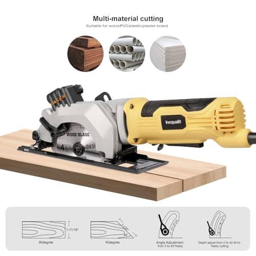 4Amp Mini Circular Saw, 3500RPM Corded Compact Saw with 4-1/2" 24T TCT Blades, Laser Guide, Rip Guide, Vacuum Adapter and Blade Wrench, Max Cutting Depth 1-11/16"(90°), 1-1/8"(45°）