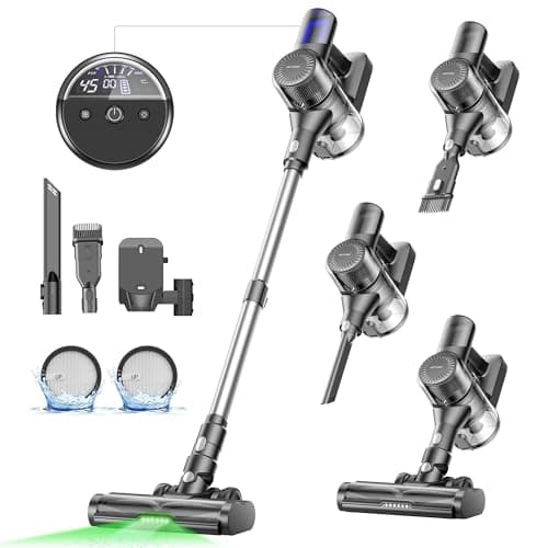 Ultenic Cordless Vacuum Cleaner, 500W 45Kpa Stick Vacuum with Car Dashboard Screen, Tangle-Free Brush for Pet Hair, Max 45mins Runtime, LED Display Tools for Hard Floor, Carpet, Car Cleaning, U12