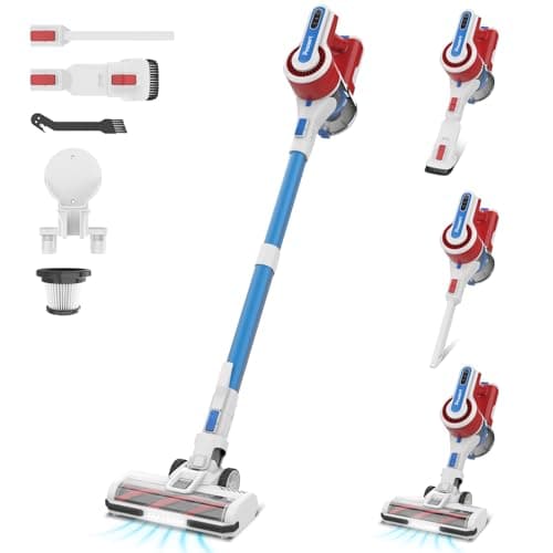 Cordless Vacuum Cleaner for Home, 45Kpa Lightweight Stick Vacuum with Powerful Suction, Rechargeable Battery Up to 50mins, Handheld Vacuum Cleaners for Hardwood Floors, Carpets, Pet Hair - Red