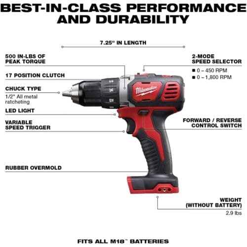 Milwaukee M18 18V Lithium-Ion 1/2 Inch Cordless Drill Driver Compact Kit 2606-21CT