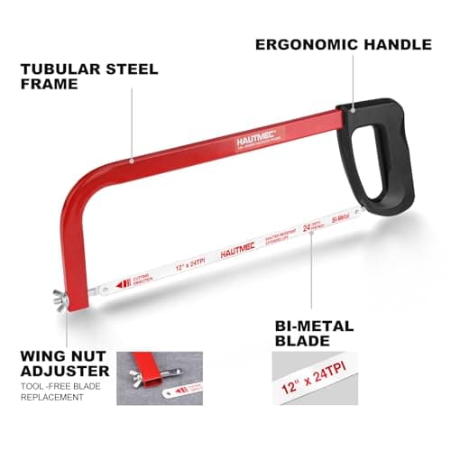 HAUTMEC 12-Inch High Tension Hacksaw, Lightweight Hack saw Frame with 24 TPI Bi-Metal HSS Blade, Adjustable Tension Hand Saw for Cutting Metal, Steel Pipe, PVC, and Wood – HT0398