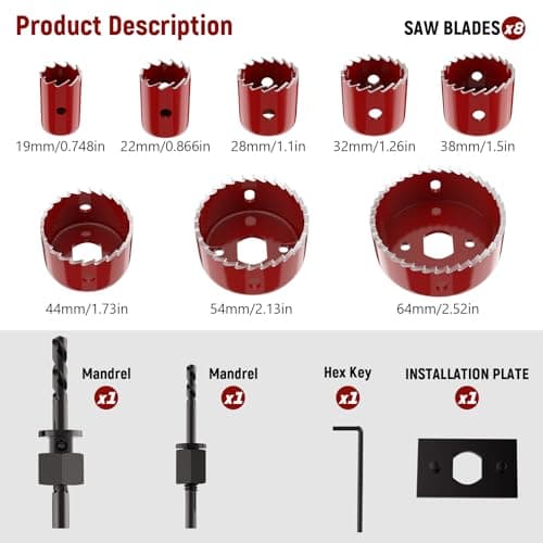 12-Piece Hole Saw Kit, Includes 8 Sizes (3/4" to 2-1/2"), Arbors, Drill Bits, and Hex Key, Ideal for Softwood, Plywood, and PVC(RED)
