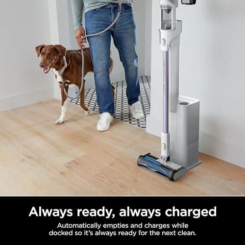 Shark IW3120 Detect Pro - Lightweight Cordless Vacuum with HEPA Filter, Portable Handheld, Charging Dock, Auto-Empty System, Crevice Tool, Ideal Stick Vacuum for Pet Hair, White/Ash Purple (Renewed)