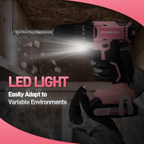 COMOWARE Cordless Drill Set, 20V Pink Power Drill Set for Women, 1 Battery & Charger, 3/8" Keyless Chuck, 2 Variable Speed, 266 In-lb Torque, 25+1 Position, with Pink Storage Bag