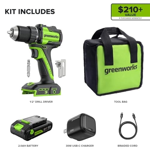 Greenworks 24V Cordless Brushless 400 in-lbs Drill/Driver, Lightweight, LED Work Light,18+1 Clutch, 2.0Ah USB-C Battery (12,000mAh Power Bank),30W USB-C Charger and USB C to USB C Cable(3.3FT)