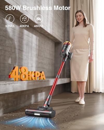 Cordless Vacuum Cleaner,580W 48KPA 65Mins Vacuum Cleaners for Home,Self-Standing Stick Vacuum with Anti-Tangle Brush & OLED Touch Screen,Rechargeable Vacuum Cordless for Pet Hair,Carpet,Hardwood Floor