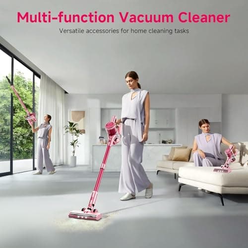 Cordless Vacuum Cleaner,55Mins/Powerful Vacuum Cleaners for Home,Stick Vacuums with 8 in 1,Touch Screen,LED Headlights, Anti-Tangle,Rechargeable,Lightweight for Carpet,Hard Floor, Pet Hair,Pink