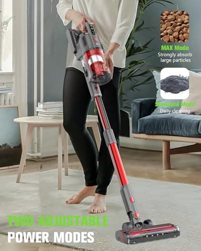 Cordless Vacuum Cleaner, 85,000PRM Upgraded Dual Suction Cordless Stick Vacuum up to 35mins Runtime, Lightweight Rechargeable Vacuum for Home (Bright Red)