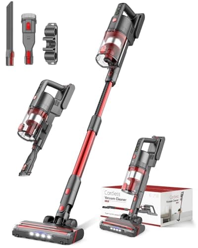 Cordless Rechargeable Vacuum Cleaners, Powerful Vacuum Up to 35 Mins Runtime with 85,000PRM Motor, 2 Adjustable Suction for Home (Gray Red)