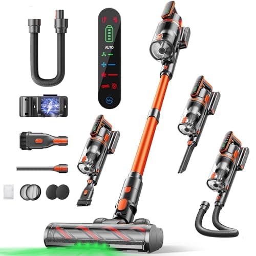 Cordless Vacuum Cleaner, 550W/45KPa/60Min Runtime Stick Vacuum with 3.3Ft Hose, Wall Mount Charging, Auto Mode, Touchscreen, Self-Standing Vacuum Cleaner for Home/Pet Hair/Carpet/Car, Fragrance
