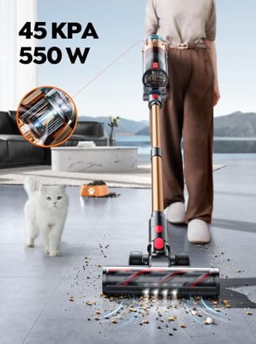 Cordless Vacuum Cleaner, 550W 45KPA 60 Mins Runtime Self-Standing Vacuum Cleaners for Home, Stick Vacuum with Charging Dock Station Removable Battery, Handheld Vacuum for Pet Hair/Carpet/Floor