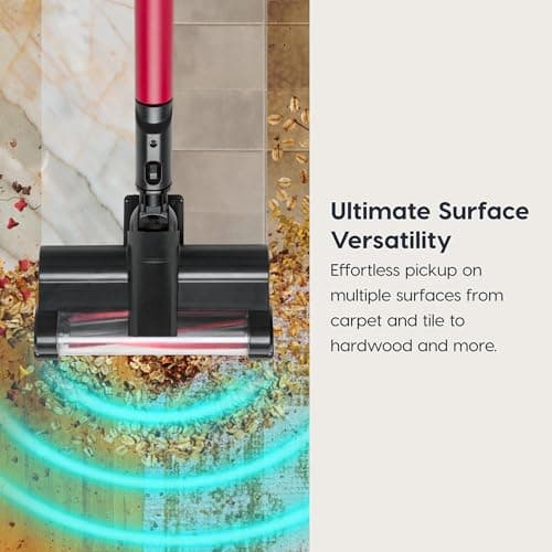 Cordless Vacuum Cleaner, 11-inch Powerhead, Self-Standing Design, Fast Charging, 50-Minute Runtime, LED Dust Sensor, Red