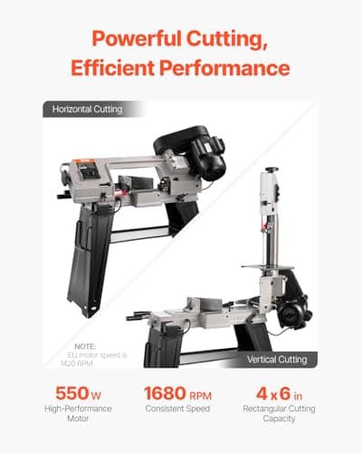 VEVOR Metal Horizontal Band Saw, 4 x 6 in Rectangular Cutting Capacity, 110V, 550W, 0-45 Angle Adjustment, Variable Speed, for Metal, Wood, and Plastic