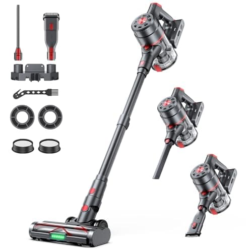 Cordless Vacuum Cleaner, 550W 45KPA Dual Motor Stick Vacuum for Home with 70mins Runtime, 6 LED Green Headlights, Self-Standing Design, V-Shaped Floor Brush for Carpet Tile Pet Hair Hardwood Floors