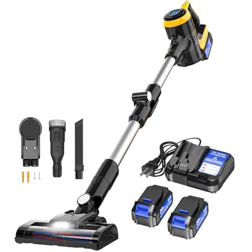 Cordless Stick Vacuum Cleaner Compatible with DeWalt Battery, 350W Brushless Motor, 30KPa Suction, 6-in-1 180° Bendable Wand, Smart Screen 2x5AH Batteries & Charger – Hardwood Floors