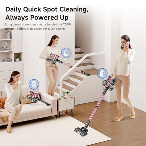 Cordless Vacuum Cleaner, 8 in 1 Powerful Stick Vacuum with 45min Runtime, Anti-Tangle Vacuum Cleaners for Home, Lightweight Handheld Wireless Vacuum for Hardwood Floor Carpet pet Hair, Rose