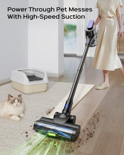 Cordless Stick Vacuum Cleaner, 55Min Cordless Vacuum Cleaners for Home, Powerful Suction Rechargeable Vacuum with Green LED Headlight, Lightweight Stick Vac for Carpet, Hardwood Floors & Pet Hair
