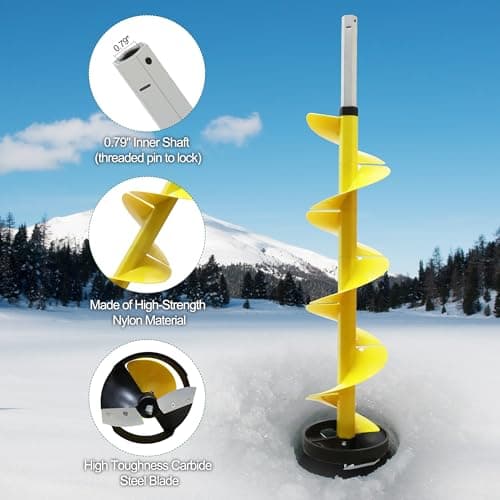 Nylon 8 Inch Ice Auger, 35.95 Inch Extended for Drilling Deep Ice Fishing Holes, Durable Polymer Auger Drill Bit for Ice Post Hole Digger w/Sharp Blade & Cover, Ice Auger Adapter with Handle-Yellow