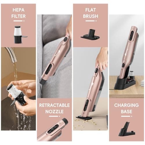 Cordless Handheld Vacuum, Lightweight Portable Hand Vacuum Cleaner with LED Light,Rechargeable Hand Held Vacuum with Charging Dock, Powerful Suction for Office, Home,Car, Rose Gold