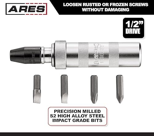 ARES 70606-1/2-Inch Manual Reversible Impact Driver - Flathead 5/16 & 3/8 and Phillips #2 & #3 Bits for Most Common Applications - Disengage Brake Caliper Screws, Rusted Fasteners or Frozen Bolts