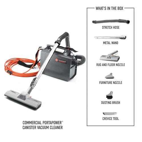 Hoover Commercial PORTAPOWER Lightweight Canister Vacuum Cleaner with Attachments, Portable Carriable Handheld Small Professional Grade Bagged, 8 Pounds, CH30000, Black