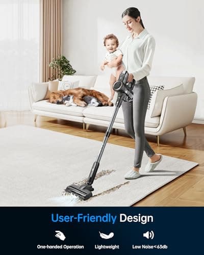 FABULETTA Cordless Vacuum Cleaner, 35Kpa Vacuum Cleaners for Home, Max 50 Mins Runtime, Self-Standing Design, 5-Layer Filtration System, Anti-Tangle Brush, LED Display, Lightweight