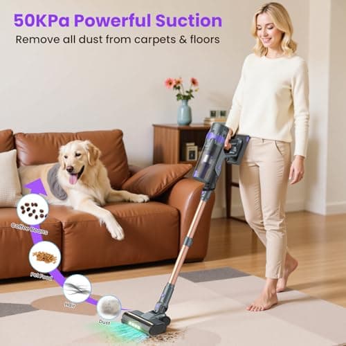 Cordless Vacuum Cleaner, 50Kpa Lightweight Cordless Stick Vacuum, 500W Rechargeable Battery Vacuum with 50min Runtime, LED Display, Stick Vacuum Cleaners for Home Pet Hair Hardfloor Carpet-V2