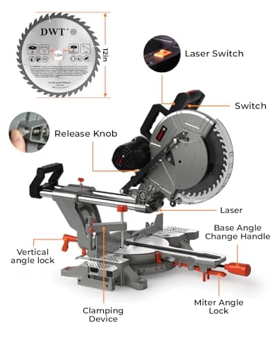 12-inch Compound Miter Saw with Double Bevel Cutting (-45/0/+45), Laser Guide, 9 Positive Stops, 3800RPM, 15Amp Miter Saw with Extension Table, 4.2x13in Cutting Capacity
