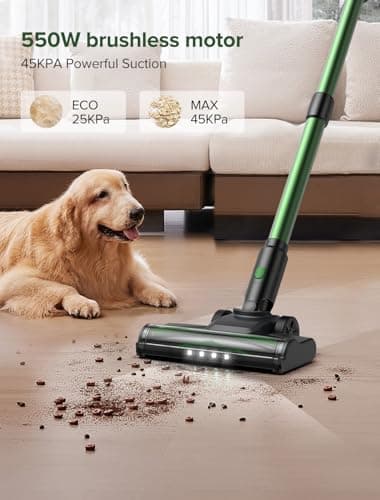 Vexilar Cordless Vacuum Cleaner, 550W/45Kpa Vacuum Cleaners for Home, Stick Vacuum with Brushless Motor, 45Mins Runtime, Touch Screen, Self-Standing, Lightweight Handheld Vacuum for Pet Hair(Green)