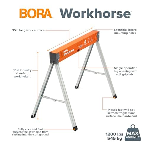 BORA Workhorse Saw Horses 2 Pack Folding Heavy Duty Sawhorse Pair - Heavy Duty Saw Horse for Contractors Portable Workbench - PM-3330T